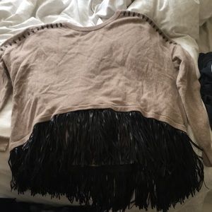 Leather fringe cashmere sweater